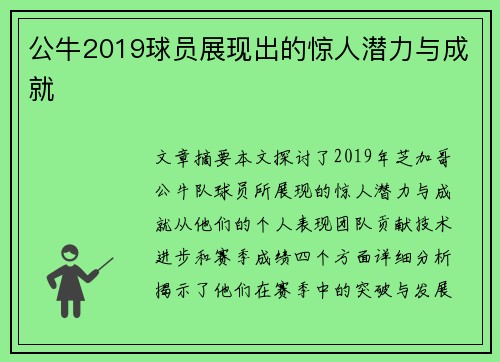 公牛2019球员展现出的惊人潜力与成就